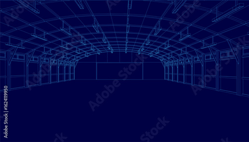 A detailed warehouse blueprint with a wireframe design showcases the interior layout on a blue background. The architectural plan highlights structural elements and spatial organization.