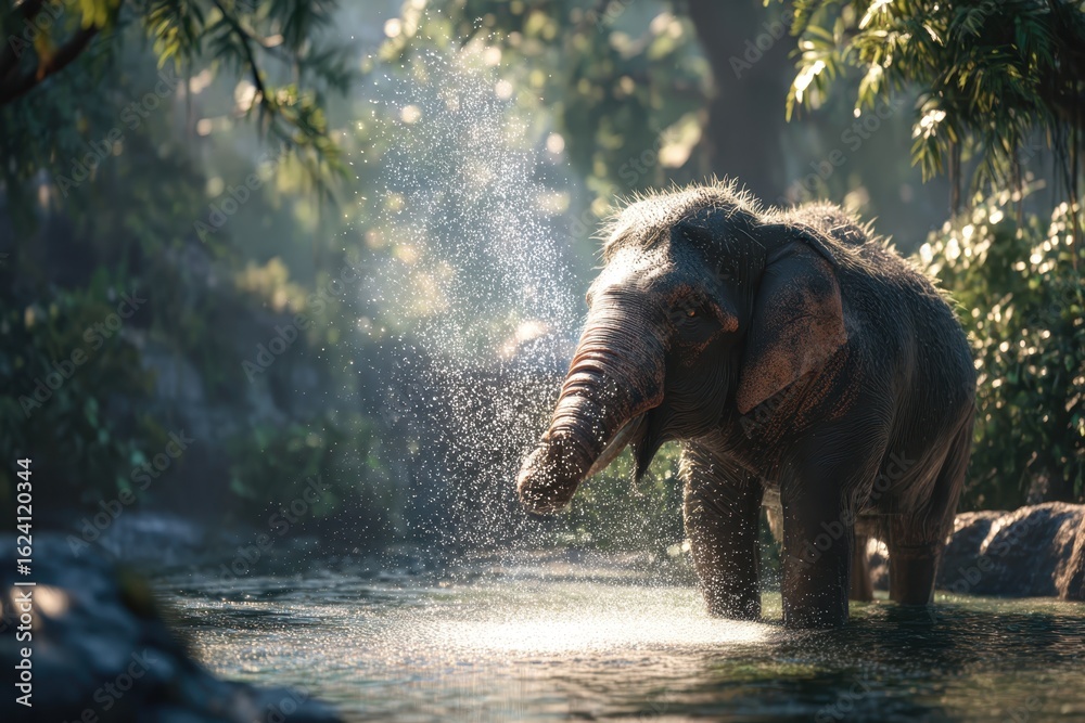 Fototapeta premium Elephant splashing water in a jungle pond