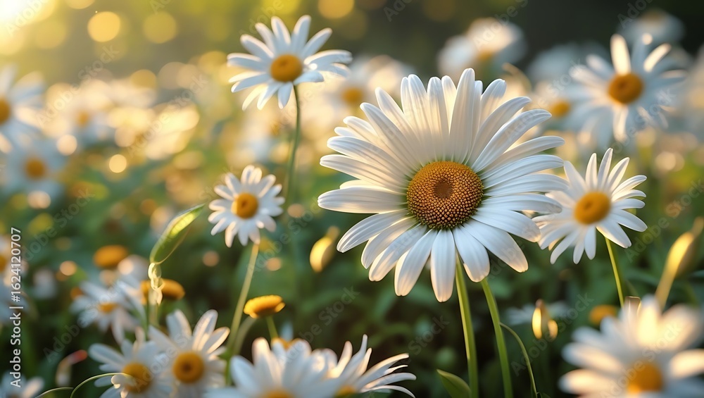 Fototapeta premium Close up of white daisies with yellow centers in a sunlit meadow with soft focus background daisy flower