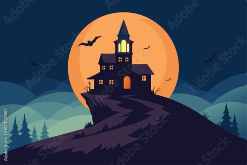 haunted house vector on a hill with bats and moon .eps