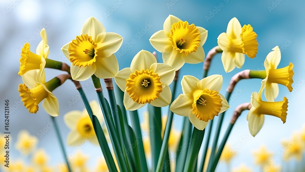 Fototapeta premium Close up of yellow daffodils with ruffled coronas against a soft blue sky narcissus flower