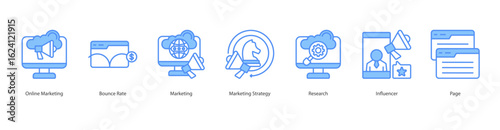 Digital Reach Engine banner web icon set vector illustration concept with icon of online marketing, bounce rate, marketing, marketing strategy, research, influencer, page