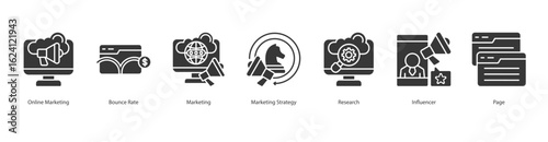 Digital Reach Engine banner web icon set vector illustration concept with icon of online marketing, bounce rate, marketing, marketing strategy, research, influencer, page