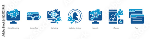 Digital Reach Engine banner web icon set vector illustration concept with icon of online marketing, bounce rate, marketing, marketing strategy, research, influencer, page