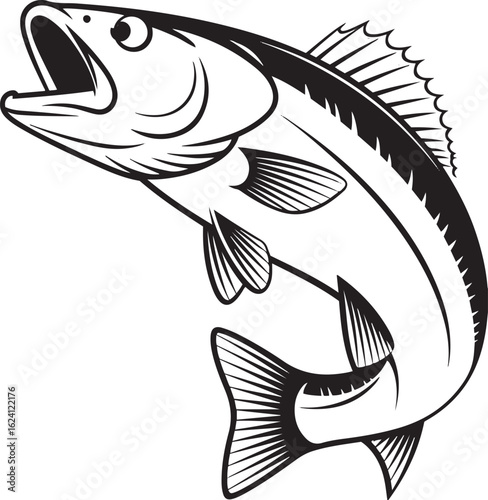 Black and white illustration of a leaping fish with an open mouth