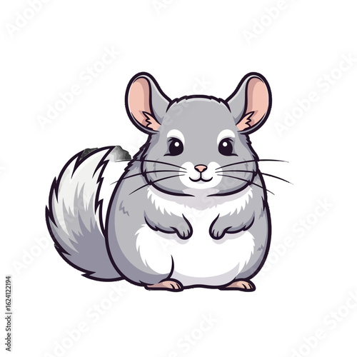 A cartoon illustration of a cute, gray chinchilla sitting and looking forward with a fluffy tail.