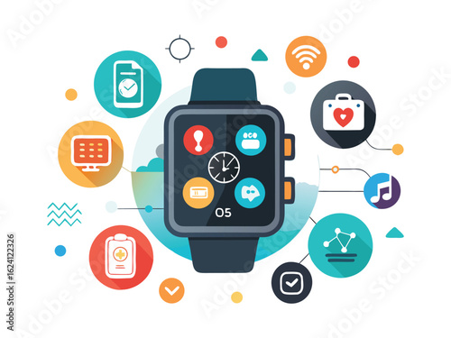 Modern smartwatch displaying health and fitness apps isolated on white background
