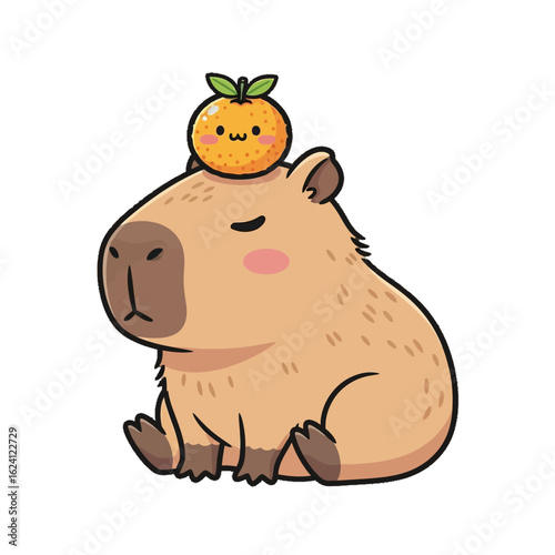 Cute capybara cartoon character, sitting, with an orange on its head.