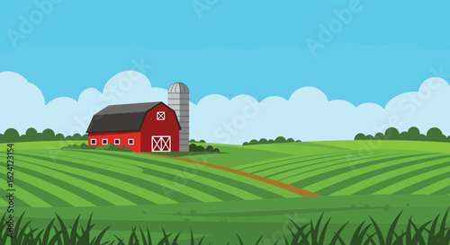 Cartoon Farm Landscape with Red Barn Silo Green Fields and Blue Sky