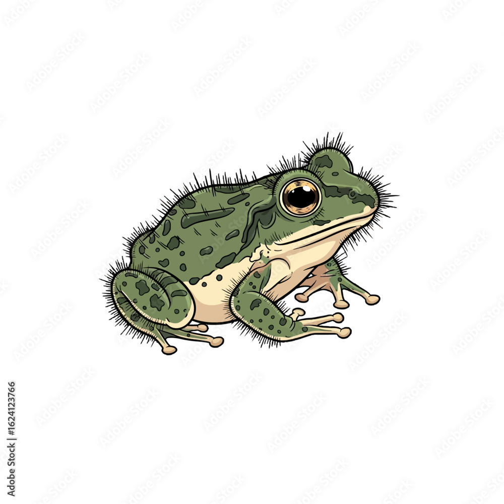 Fototapeta premium A cartoon illustration of a green frog with dark spots, resting on a white background.