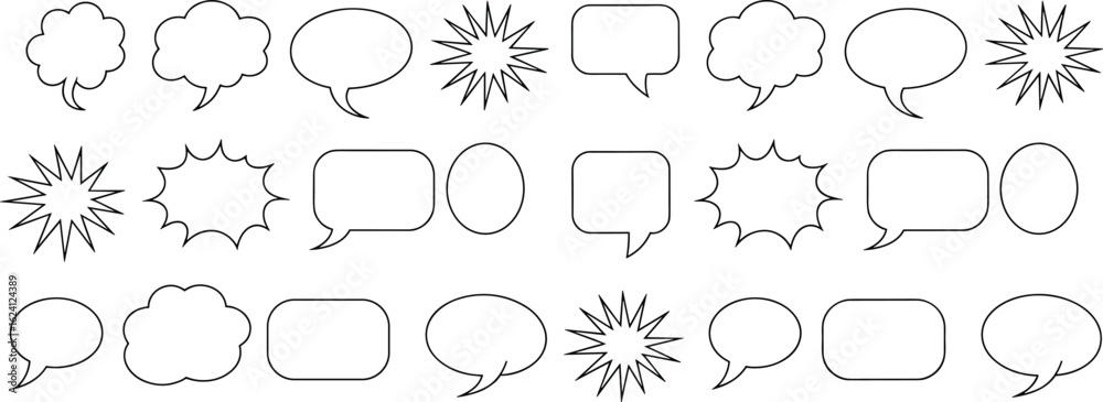 Fototapeta premium Speech bubble set, comic text balloon outline, vector callout shapes, cad drawing flat vector illustration, black white minimal design