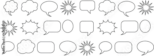 Speech bubble set, comic text balloon outline, vector callout shapes, cad drawing flat vector illustration, black white minimal design