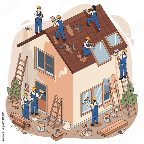 A detailed illustration shows a team of construction workers performing various renovation tasks on a house, from roofing to painting and window installation.
