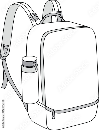 Modern backpack with water bottle, ergonomic straps, front zipper pocket, side holder, stylish design, travel vector – cad drawing flat vector illustration