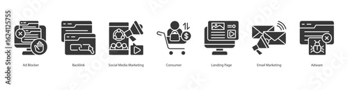 Traffic Control System banner web icon set vector illustration concept with icon of ad blocker, backlink, social media marketing, consumer, landing page, email marketing, adware