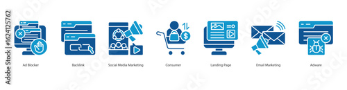 Traffic Control System banner web icon set vector illustration concept with icon of ad blocker, backlink, social media marketing, consumer, landing page, email marketing, adware