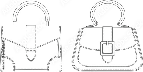Stylish women’s handbags, elegant purse design, fashion accessory illustration, detailed stitch pattern, cad drawing, outline vector sketch, flat vector illustration 