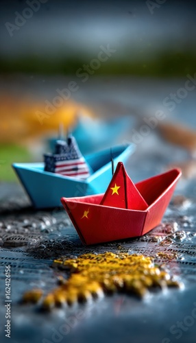 Paper ships, representing nations, on a textured surface