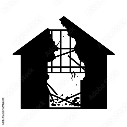 Silhouette of a damaged house with a broken roof and shattered window, symbolizing destruction and ruin.