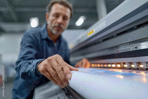 A man operates a large format printer, focusing on his work