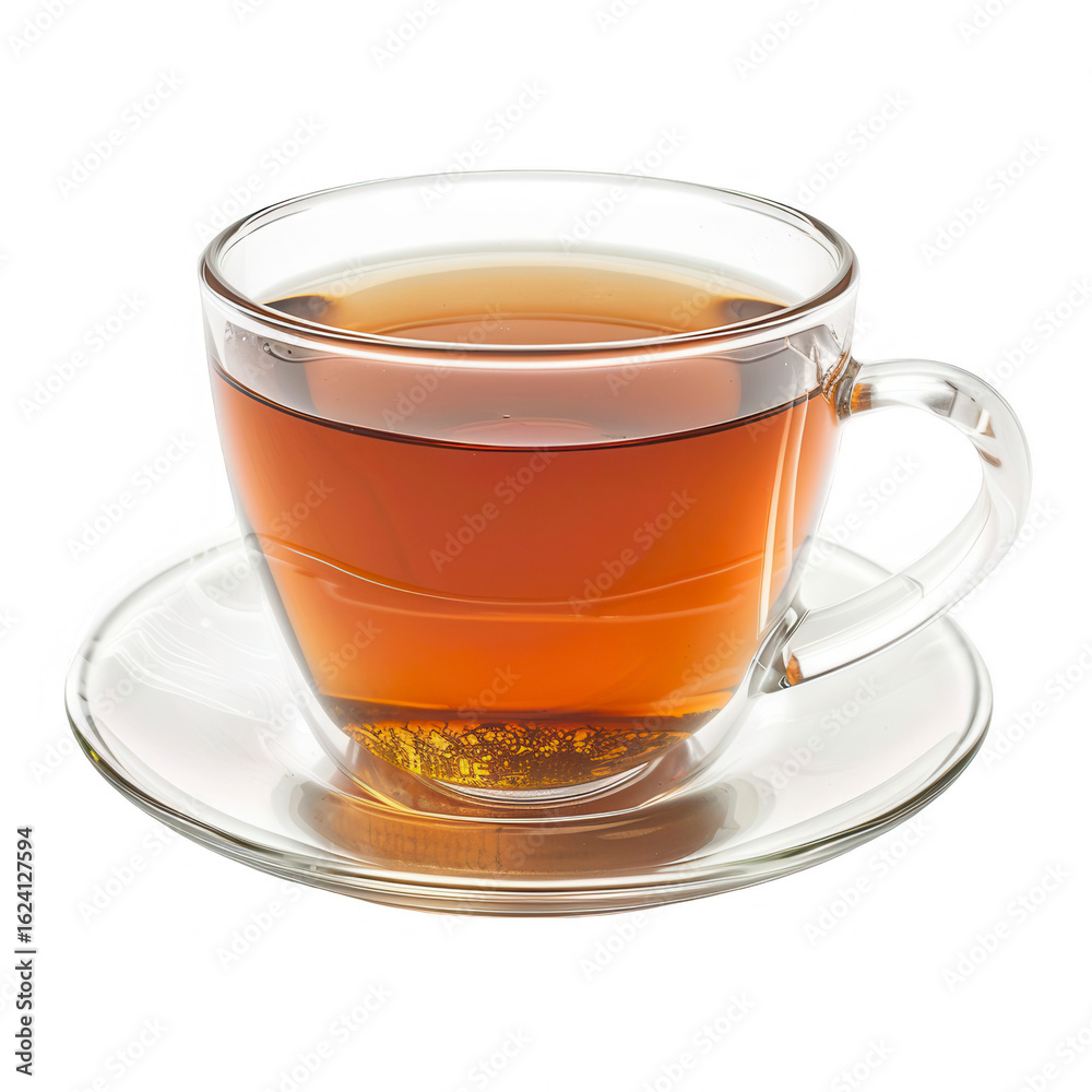 Transparent glass teacup filled with amber liquid, on a saucer Transparent glass teacup filled with amber liquid, on a saucer