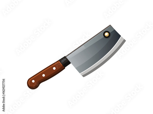 Sharp heavy duty metal cleaver kitchen knife with wooden handle isolated on white background
