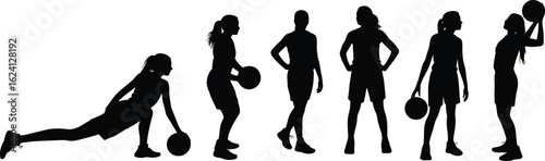 Female basketball players silhouette practicing dribbling shooting passing teamwork fitness sport training healthy active lifestyle vector