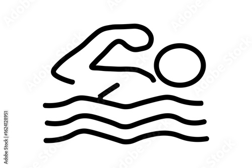 A simple, black and white line art illustration of a person swimming. The figure is shown from a side view, with one arm extended forward and the other submerged.