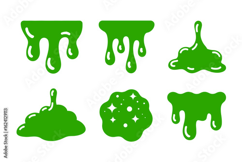 Green slime splash icon pack, glossy goo drip collection, creative vector illustration, unique design for digital art