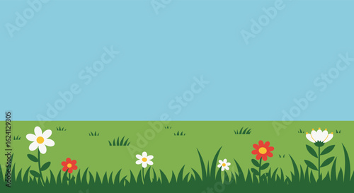 Cartoon meadow with flowers and grass under a blue sky background illustration