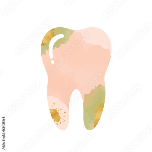 Pastel-colored tooth graphic with gold accents on white background, dental care