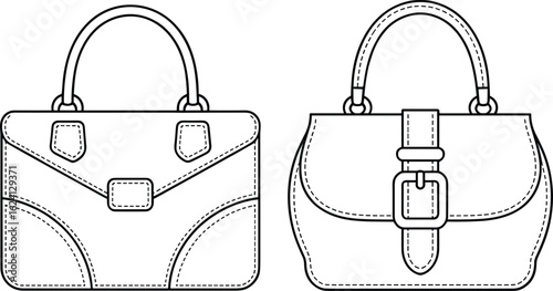 Elegant women’s handbags with detailed stitching, buckle closure, stylish design, leather texture, versatile fashion accessories, classic and modern, CAD line art, flat vector illustration