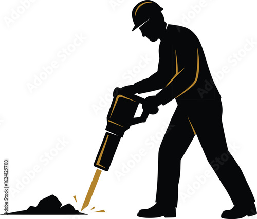 Silhouette of a person at work with a shovel, a cleaner with a vacuum