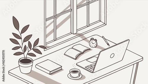 Home office desk setup with laptop plant book and coffee study and work from home productivity scene