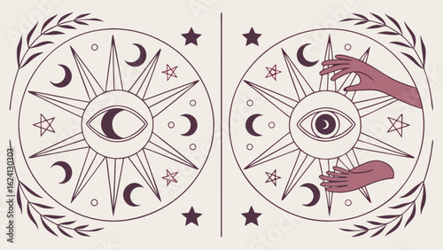 Mystic eye astrology celestial spiritual design with hands stars and moon esoteric occult illustration