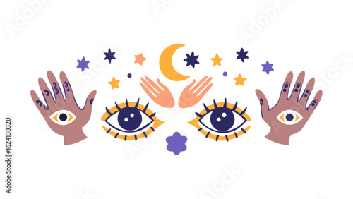 Mystic eyes hands stars moon esoteric astrology spiritual design vector illustration for tarot cards
