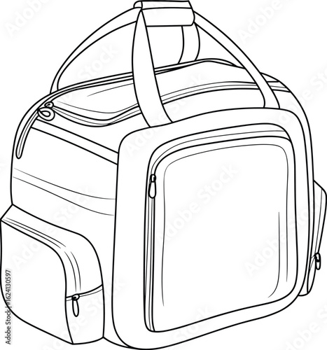 Compact travel bag with multiple zippered pockets, versatile carry handles, side compartments for storage, practical design, detailed CAD line art, flat vector illustration