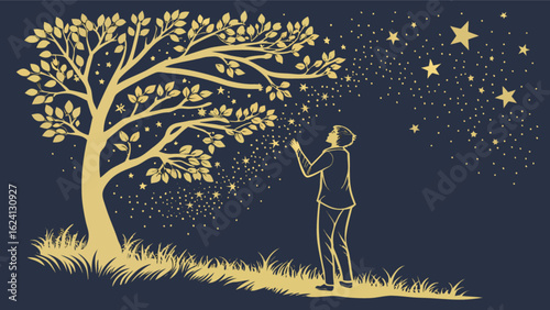Illustration of a man reaching for stars under a magical tree with golden leaves and starry night sky