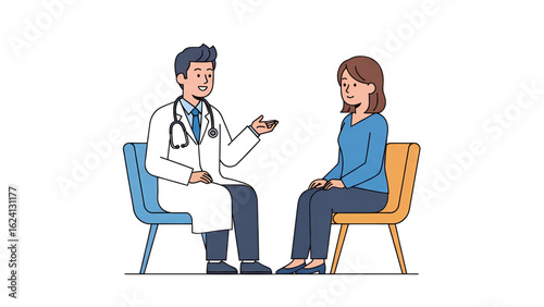 Male doctor giving medical advice to a female patient during a clinic consultation
