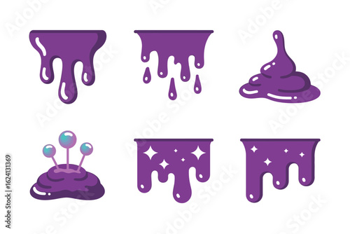 Vibrant purple goo icon set, dripping slime collection, playful vector illustration, unique design for digital art