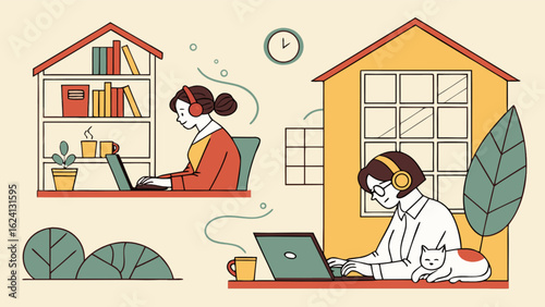 Remote work illustration showing people working from home on laptop with cat and books for online meeting setup