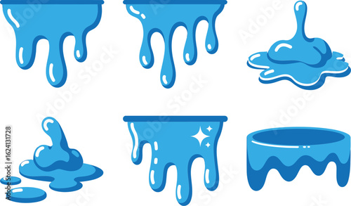 Aqua slime drip pack, cartoon blue goo collection, glossy vector illustration, unique design for creative crafts