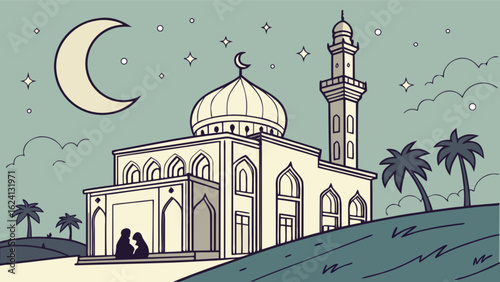 Ramadan kareem mosque illustration with couple under moonlight and stars vector design background image
