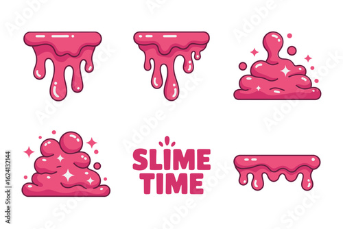 Pink slime time icon pack, cartoon goo drip collection, fun vector illustration, unique design for creative crafts