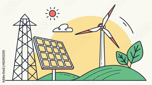 Renewable energy sources illustration featuring solar panel wind turbine and power line vector design