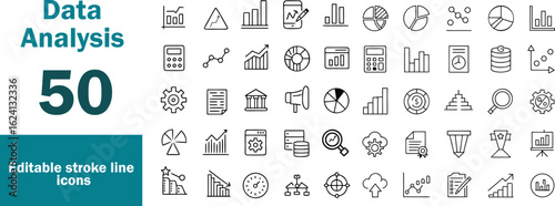 Data Analytics Icon Set. Containing graphs, dashboards, data mining, forecasting, modeling, metrics, and insights. Editable line icons. Vector illustration