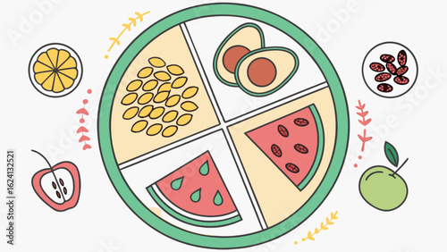 Healthy eating plate with fruits and seeds balanced diet nutrition guide for wellness and vitality plan