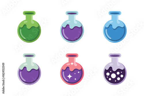 Potion bottle slime icon set, colorful magic goo collection, fantasy vector illustration, unique design for sticker pack