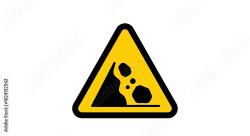 Landslide danger warning sign with a falling rocks symbol. Yellow triangular caution icon for traffic safety and mountain road hazards, isolated vector illustration.