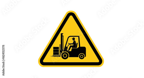 Forklift warning sign illustration. Yellow triangle caution symbol for industrial safety and warehouse traffic awareness.